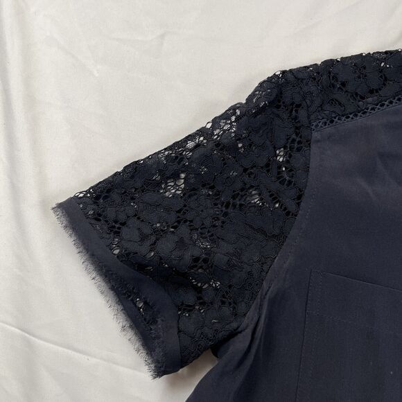 Rebecca Taylor Navy Blue Top Size 0 Silk Small Short Sleeve Round Neck Keyhole - Picture 3 of 6